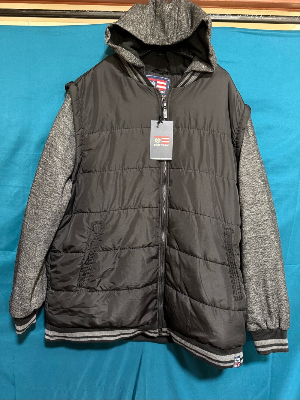 Phat Farm Black Puffer Bomber Jacket with Gray Knit Sleeves